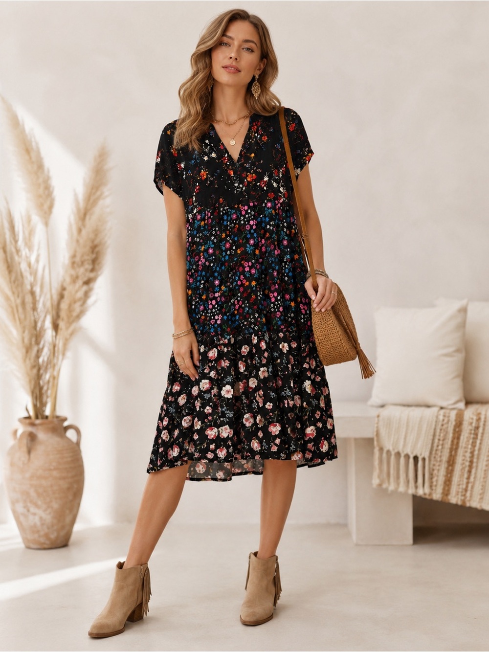 Anthropologie Black Multi-Florals Tiered Midi Dress